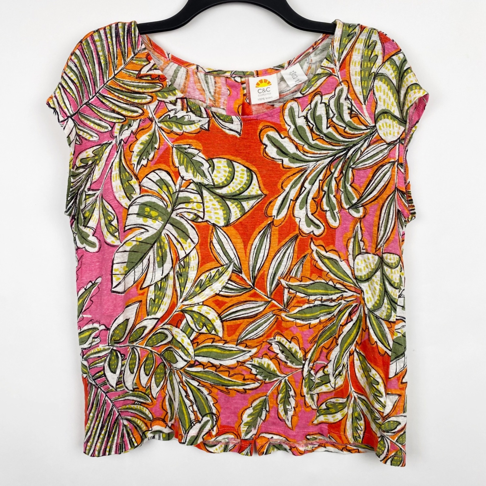 C&C California Tropical Leaf Print Button Back Linen Top Womens Medium Orange
